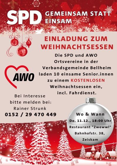 Einladung zum Weihnachtsessen für Senioren SPD und AWO Ortsvereine Bellheim